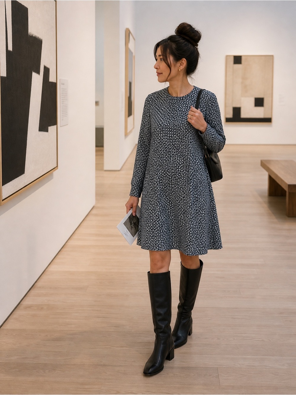 H&M Blue Patterned Long Sleeve A-Line Dress